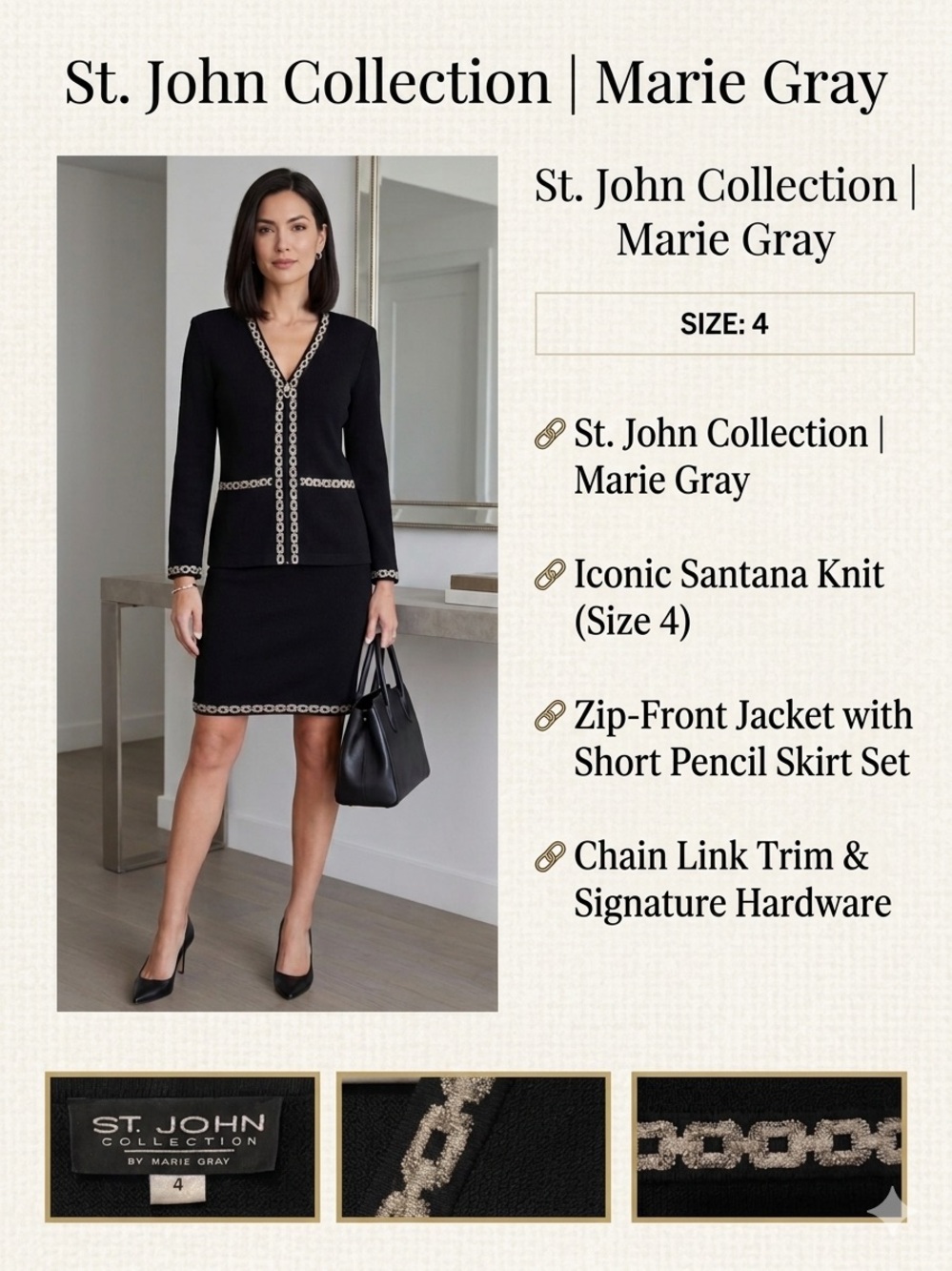 St. John 3 piece Black Knit Zip Jacket and 2 Skirts Set with Gold Chain Trim - Picture 2 of 6